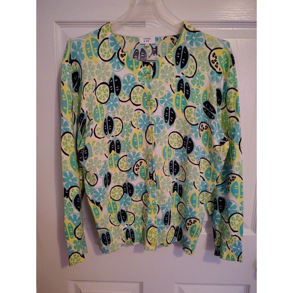 Crown & Ivy Colorful Geometric Knit Button Front Cardigan Sweater Crew XL